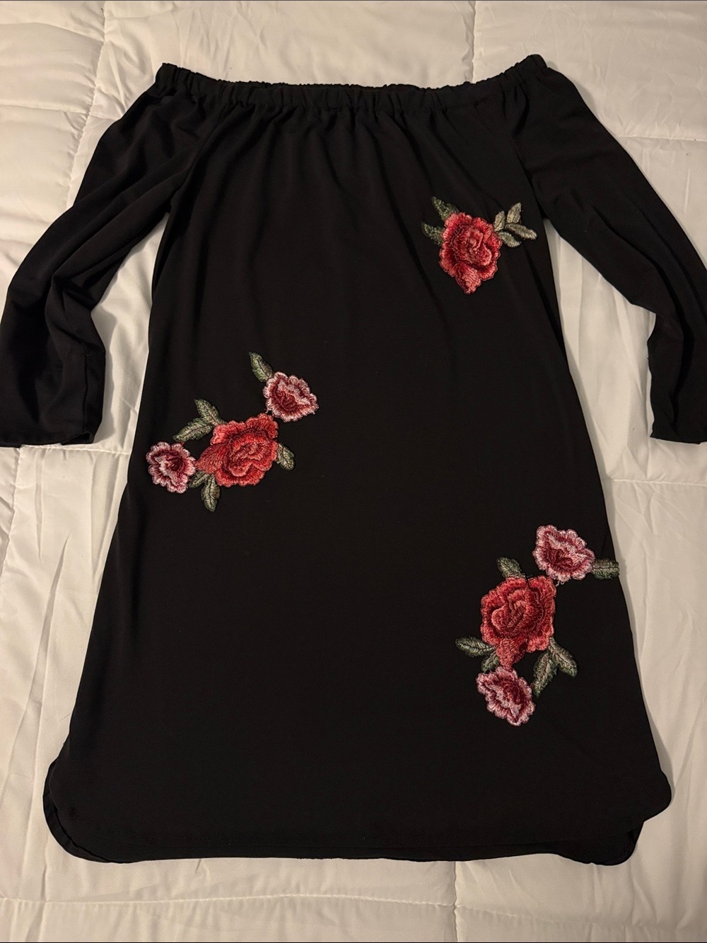 Dex Black Off Shoulder Mini Dress with Red Floral Embroidery